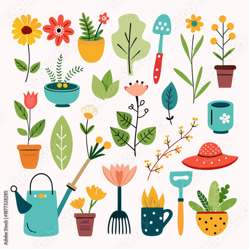 Colorful flat illustration with gardening tools and blooming flowers