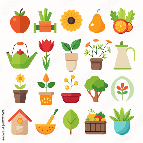Colorful flat illustration of garden and vegetable elements
