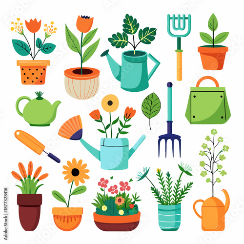 Cheerful gardening tools and potted plants vector illustration set