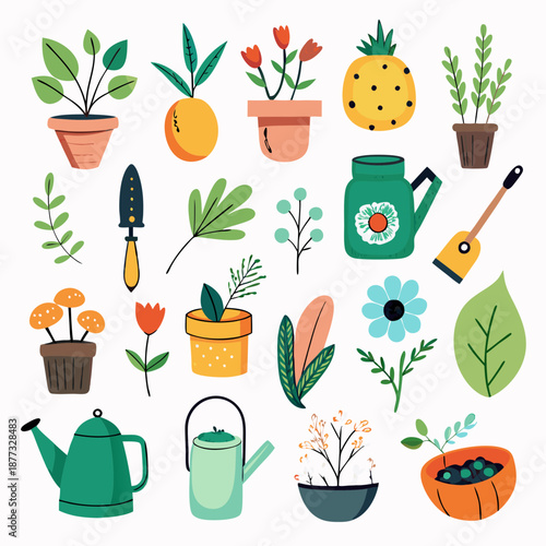 Whimsical gardening icons set flat design plants and tools