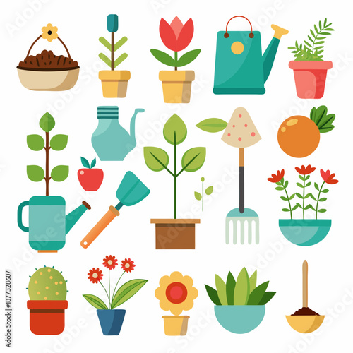 Flat design gardening tools and plants arranged symmetrically pattern