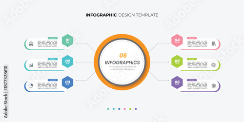 Modern circle chart infographic template with 6 options for presentations. Infographic 6 diagram chart template for business 6, options, presentation with diagram elements, infographics