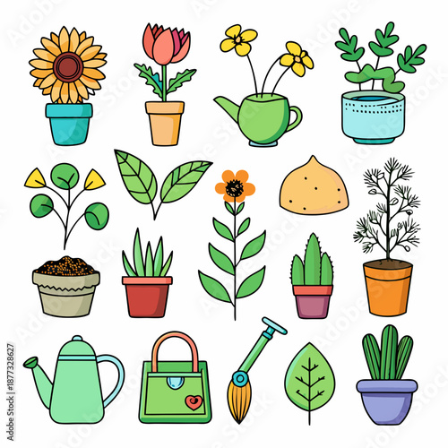 Cartoon Illustration of Potted Plants and Gardening Tools