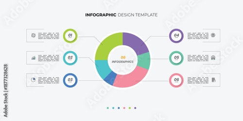Modern circle chart infographic template with 6 options for presentations. Infographic 6 diagram chart template for business 6, options, presentation with diagram elements, infographics