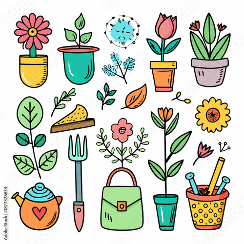 Collection of doodle garden objects and potted plants