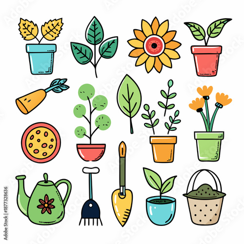 Colorful Gardening Icon Set with Plants and Tools