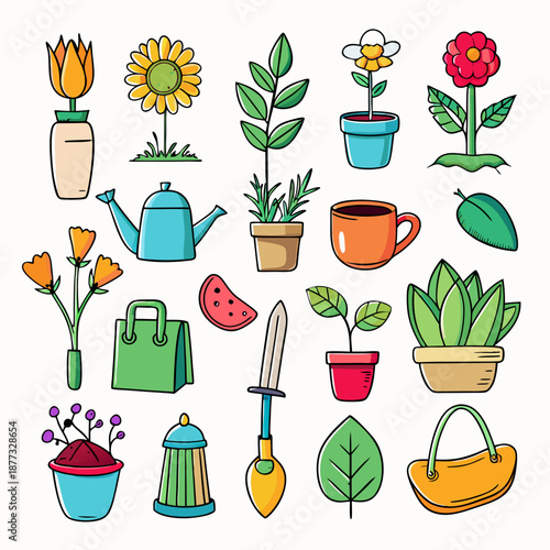 Whimsical gardening tools and potted plants against white background