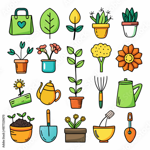 Hand-drawn gardening icons with plants and tools illustration