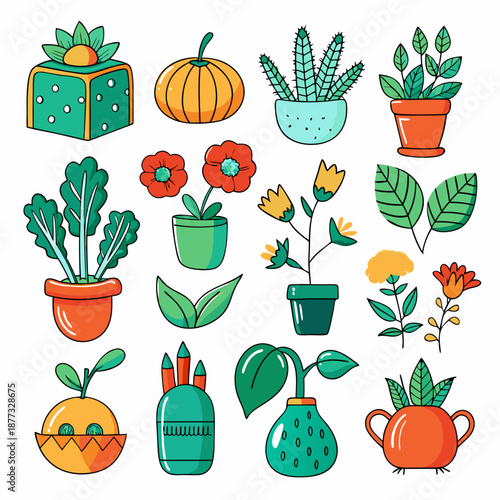 Collection of colorful potted plants and gardening elements illustration