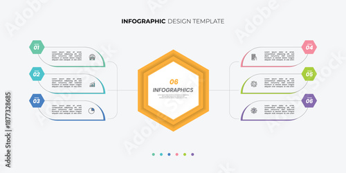 Modern hexagon chart infographic template with 6 options for presentations. Infographic 6 diagram chart template for business 6, options, presentation with diagram elements, infographics