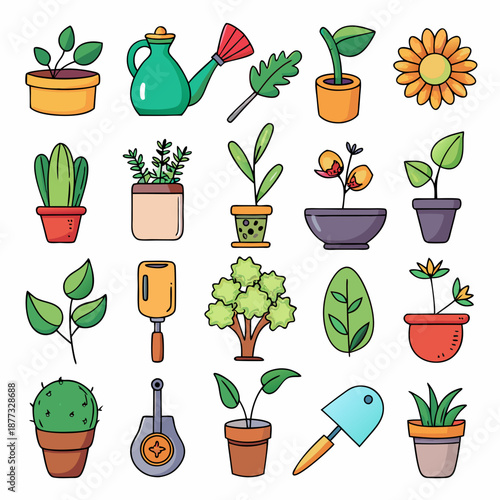 Cartoon gardening tools and plants on white background illustration