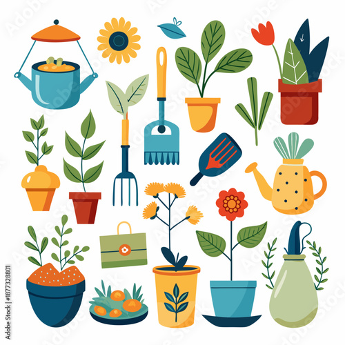 Collection of gardening tools and potted plants illustration flat design