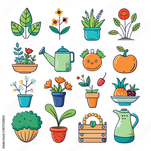 Various potted plants and fruit vector cartoon illustration