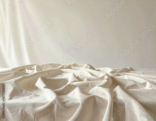 A crumpled white fabric lies on a surface viewed from a slightly elevated angle with soft natural light