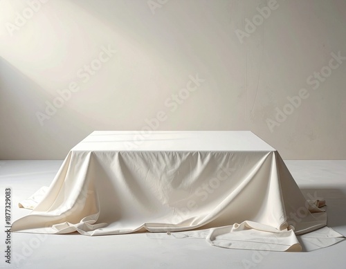 A white fabric draped over a rectangular table in a minimalist white room with soft natural lighting from the side