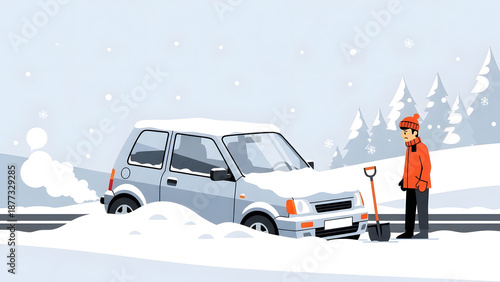 Dramatic car stuck in snow illustration showing winter weather challenges