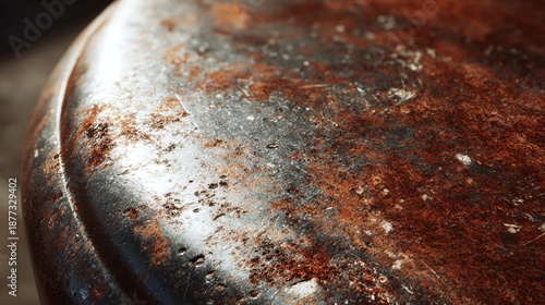 A close-up shot of a rusty metal surface, showcasing the effects of corrosion and decay. The textures and tones create a sense of age and weathering