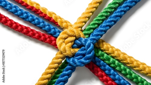 A colorful arrangement of ropes tied together in a knot on a white background