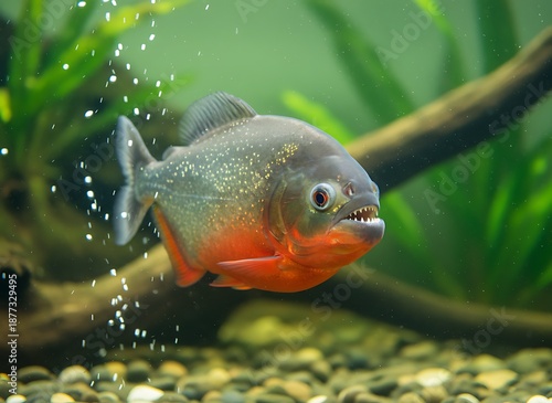 A piranha swims in an aquarium with plants and bubbles