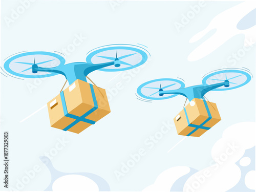 Drones flying with packages in modern delivery concept