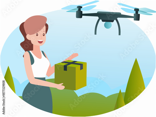 Woman receiving package delivered by drone in green landscape