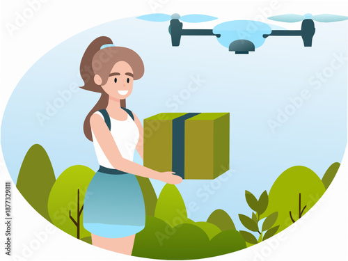 Woman receiving package delivered by drone in natural setting