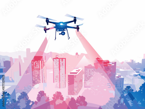 Drone flying over modern cityscape with vibrant lighting effects