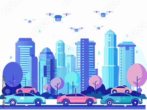 Vibrant cityscape with futuristic drones flying over modern skyscrapers and cars