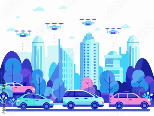 Futuristic cityscape with drones flying over cars and skyscrapers