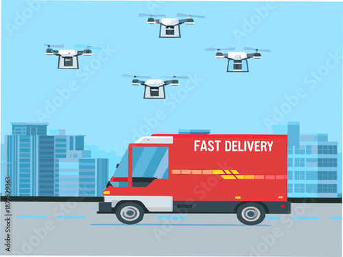 Fast delivery truck with drones flying overhead in city