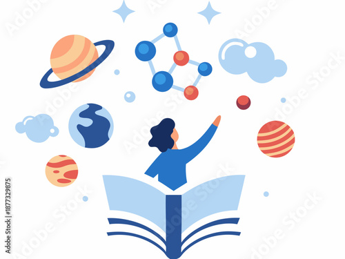 Woman exploring science and knowledge with planets and molecules