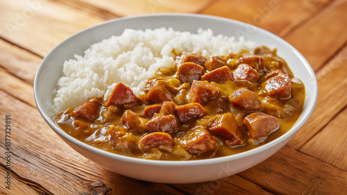 Bowl of diced sausage in thick Japanese curry sauce served over steamed rice