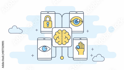 Conceptual illustration of mobile devices connected to brain for data security