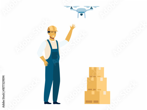 Warehouse worker controlling delivery drone with stacked boxes nearby