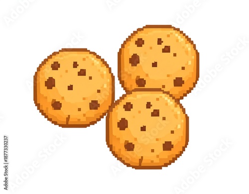 A pixelated illustration of three chocolate chip cookies