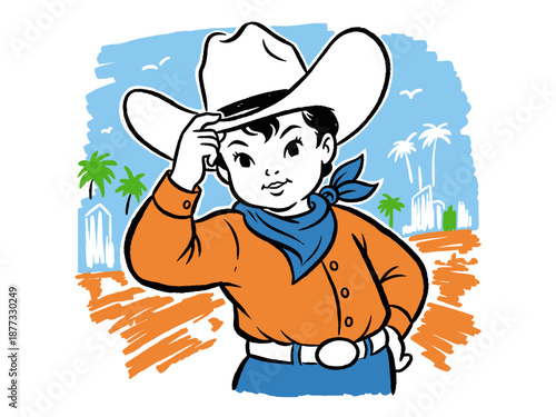 Retro cowboy character illustration. Happy kid western greeting artwork. Vintage pop art boy tipping hat design. Suitable for t shirt print, poster, s