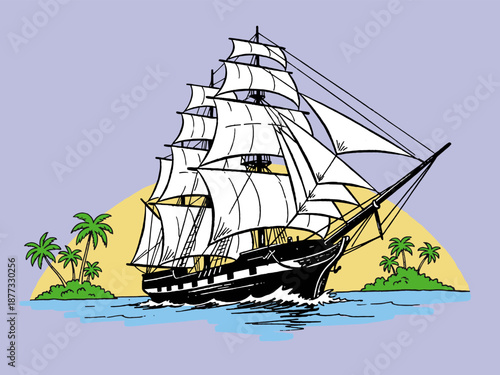 Vintage tall ship sailing artwork near tropical island. Ocean adventure graphic print. Clipper boat design for t shirt print, poster, sticker, backgro