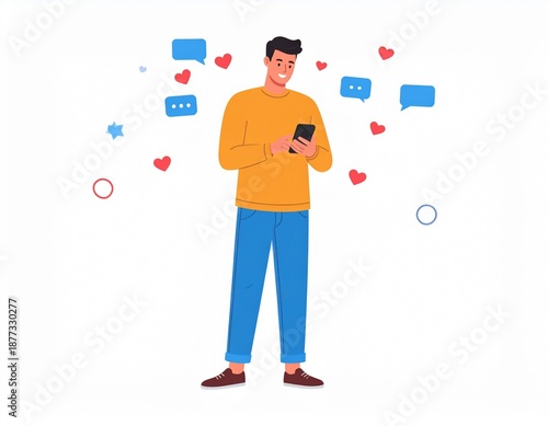 Man interacting with mobile device surrounded by social media icons and hearts in a digital environment from a straightforward viewpoint