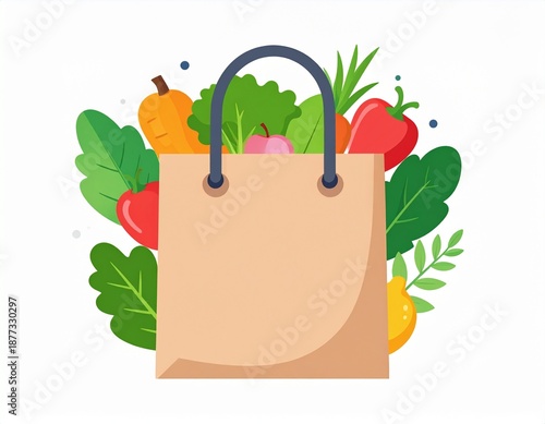 Fresh Produce in a brown reusable shopping bag with vegetables and fruits surrounded by green leaves and flowers
