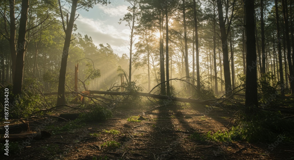 Fototapeta premium Sunlit forest floor with fallen tree and misty atmosphere