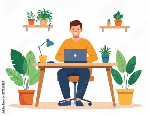 Man working on laptop surrounded by plants in a serene office setting with a modern desk and shelves