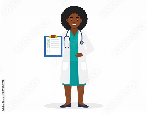 Female doctor with stethoscope holding clipboard confidently standing in medical attire