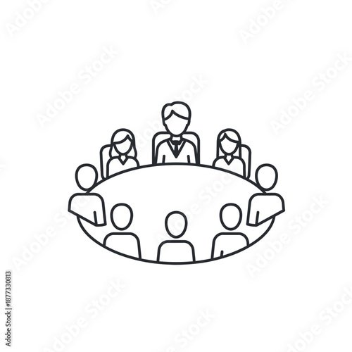 Business Meeting and Conference Table Icon. Vector line illustration of a team group sitting around a round table for discussion, teamwork, and collaboration.