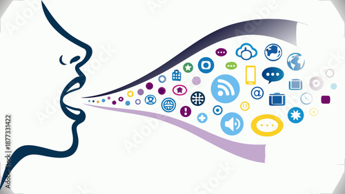 Vibrant social media icons flowing from a person's mouth