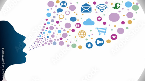 Vibrant digital communication concept with social media icons emerging from a person's head