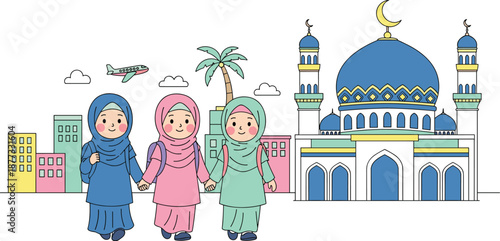 Girls in hijab illustration, flat vector illustration, mosque background, cultural attire, celebration, diversity, friendship, travel, architecture, vibrant