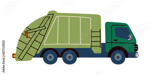 Modern cartoon garbage truck for city services, vector flat cartoon illustration with friendly look. Cute urban transport for ecology, recycling and sanitation themes, kids education, posters, apps