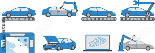 Automotive manufacturing and assembly line illustration showing robotic arms, car production stages, welding, painting, quality control, and modern factory automation process