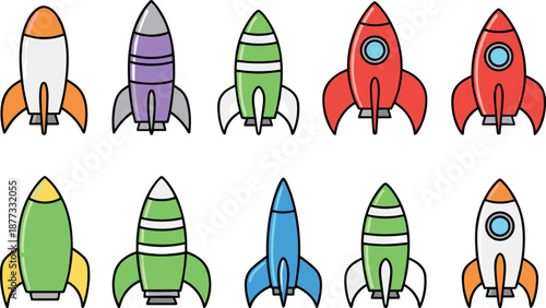 Colorful cartoon rocket icons set illustration featuring space launch ships, startup growth symbols, innovation concepts, and playful aerospace design isolated on white