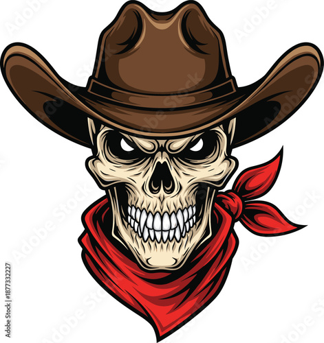 Wild west cowboy skull wearing hat and red bandana aggressive western character vector illustration isolated on white background